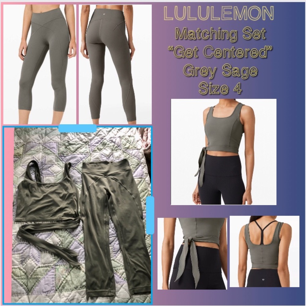 Lululemon Get Centered Set Grey Sage Crop Tank Top Matching 25” Leggings 4 Small